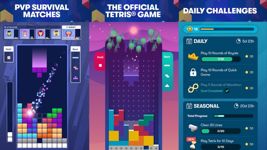Um dos muitos jogos de Tetris, Tetris para celular.  Três telas estão na imagem, duas mostrando a ação no meio do jogo, com blocos coloridos caindo em uma grade, uma mostrando uma tela de recompensas diárias.