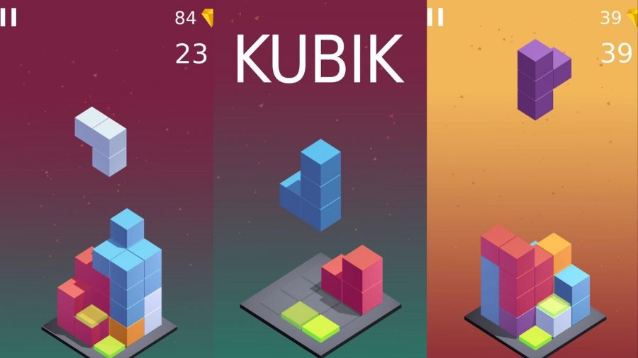 Um dos muitos jogos de Tetris, Kubik, uma versão 3D do Tetris.  Três telas são mostradas na imagem, cada uma mostrando uma torre 3D sendo construída com blocos de Tetris.  O logotipo do Kubik está no meio da tela do meio.