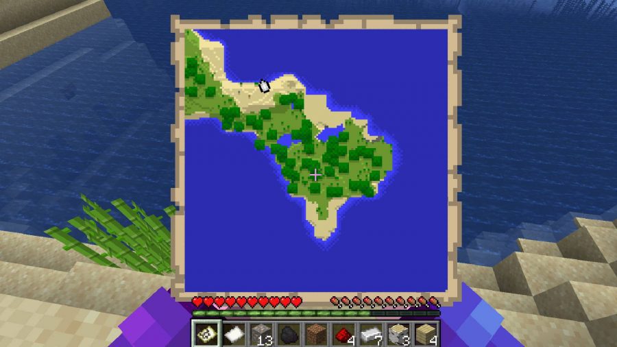 Mapas do Minecraft: uma captura de tela do jogo Minecraft mostra um jogador segurando um mapa, revelando uma explicação detalhada de sua localização 