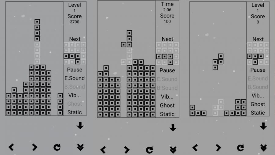 Um dos muitos jogos de Tetris, Classic Blocks, um simples Tetris em tons de cinza.  Existem três telas no meio do jogo, com blocos caindo na grade, várias pontuações e opções de menu e controles de toque na parte inferior.
