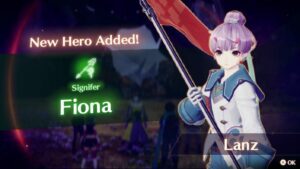 a woman with purple hair and white uniform holds a large red flag in both hands like a weapon. text next to her reads