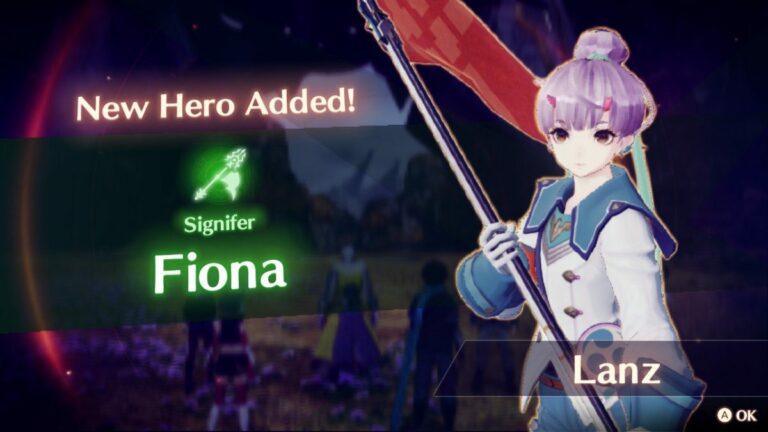a woman with purple hair and white uniform holds a large red flag in both hands like a weapon. text next to her reads