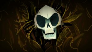 a cartoonish, white skull in a bed of hay