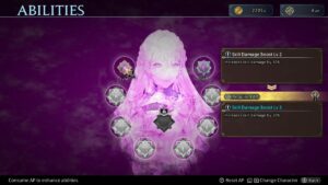 a purple tinted menu screen with a slightly anime image of a young woman with long hair in the middle. she