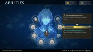 a blue tinted menu screen with a head and shoulders image of a young woman with short, dark hair in the middle. she