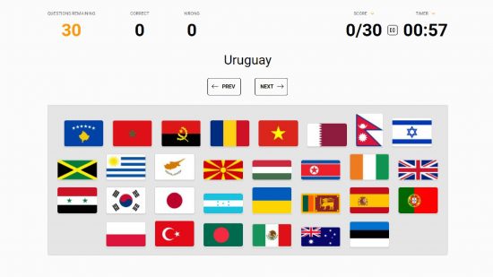 Sporcle flags of the world: Uma captura de tela do Sporcle mostra o quiz de geografia conhecido como 30 in 60: flags in the world 