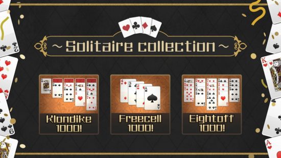 Uma das muitas maneiras de jogar Solitaire no Switch e no celular, a coleção Solitaire, mostrando três tipos de Solitaire abaixo do nome do jogo e do logotipo de quatro cartas de cada naipe.