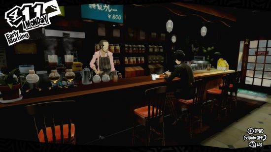Revisão de Persona 5 Switch - o protagonista comendo curry com Sojiro no Cafe Leblanc