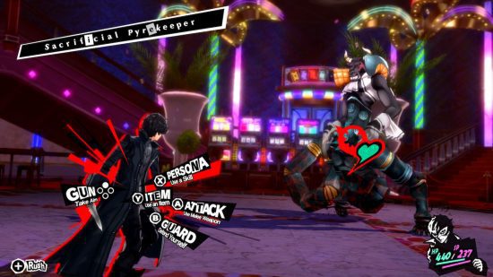 Revisão de Persona 5 Switch - captura de tela de combate, mostrando o protagonista contra uma grande fera