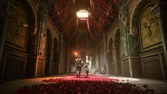 A Plague Tale: Requiem review - Amicia e Hugo andando por um corredor cheio de rosas