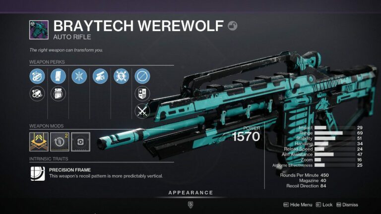 Destiny 2 Braytech Werewolf god roll - Braytech Werewolf weapon in inventory.