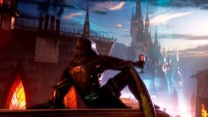 A hooded figure drinks with a castle in the background