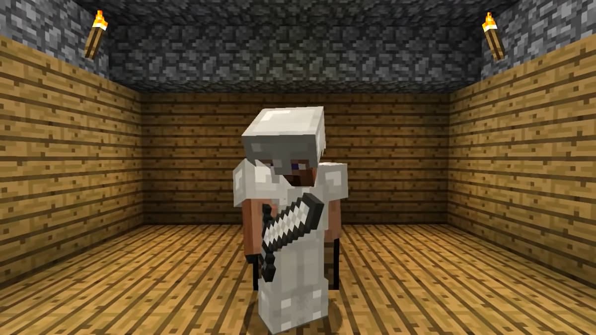 Steve em armadura de ferro completa no Minecraft