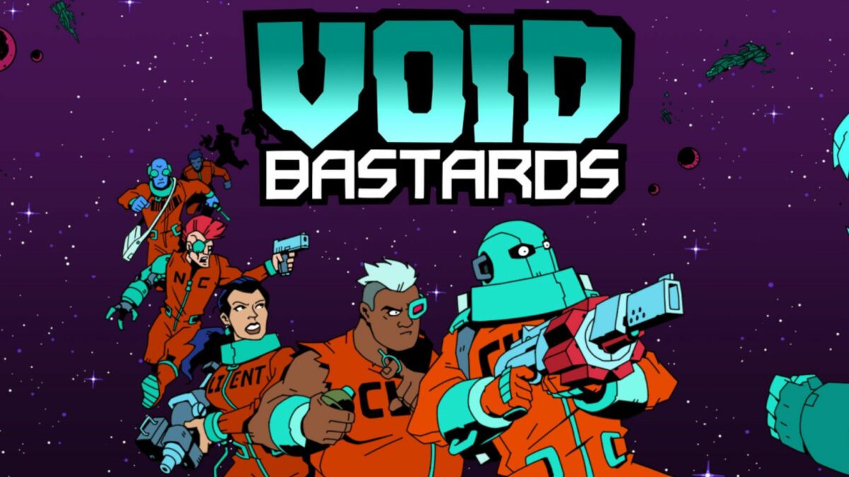 Melhores jogos espaciais: Void Bastards.  A imagem mostra um grupo de pessoas corpulentas com armas sob o logotipo do jogo.
