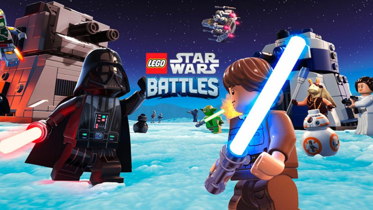 Melhores jogos espaciais: LEGO Star Wars Battles.  A imagem mostra Darth Vader e Luke Skywalker prestes a lutar na neve.