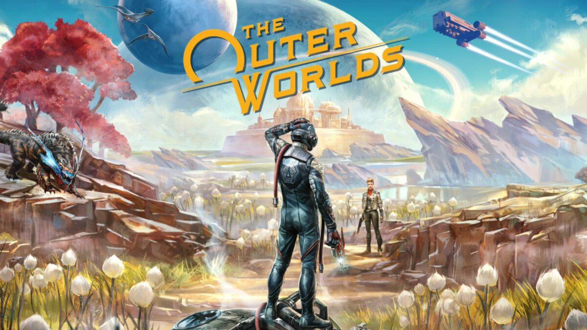 Melhores jogos espaciais: The Outer Worlds.  A imagem mostra um personagem olhando para uma paisagem alienígena com o logotipo do jogo no centro do quadro.