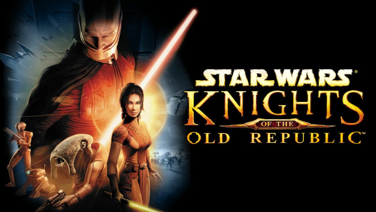 Melhores jogos espaciais: Star Wars: Knights of the Old Republic.  A imagem mostra o logotipo do jogo e uma foto de um bando de Jedi.