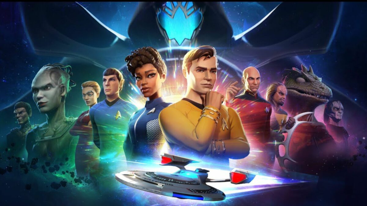 Melhores jogos espaciais: Star Trek Legends.  A imagem mostra uma seleção de personagens do universo de Star Trek, incluindo Kirk, Spock, Picard, um Gorn, Word e outros.  Há também uma imagem de um navio da federação voando em direção à câmera.