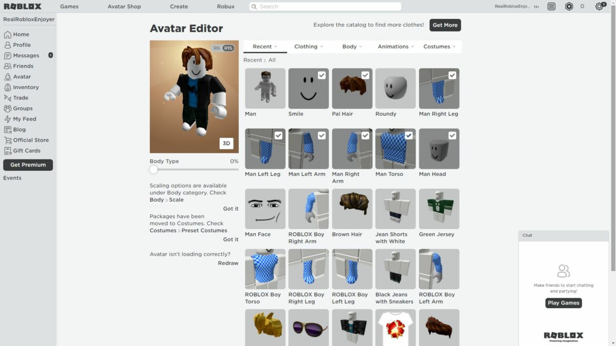 Uma imagem da tela de personalização para avatares do Roblox