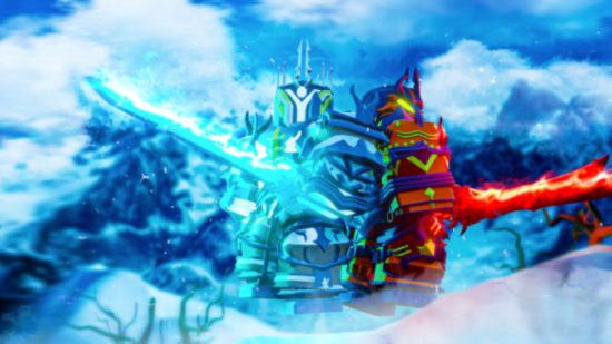 A arte dos códigos de RPG Champions mostra um personagem azul e vermelho em uma cena gelada empunhando espadas que brilham.