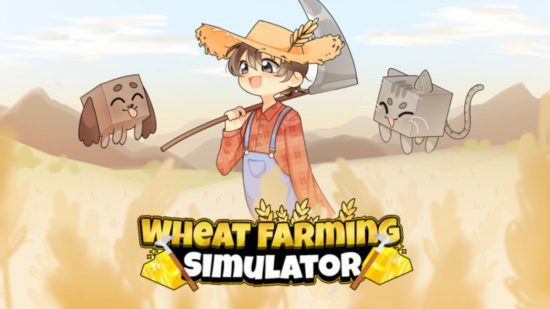 Arte chave para o guia de códigos do Wheat Farming Simulator com um fazendeiro e seus gatos em um campo