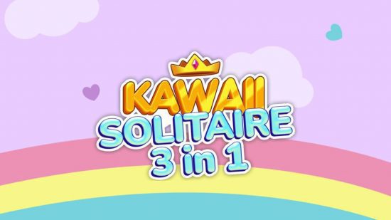 Uma das muitas maneiras de jogar Solitaire no Switch e no celular, o logotipo Kawaii Solitaire 3in1 acima de um arco-íris rosa, amarelo e azul com nuvens rosadas atrás.