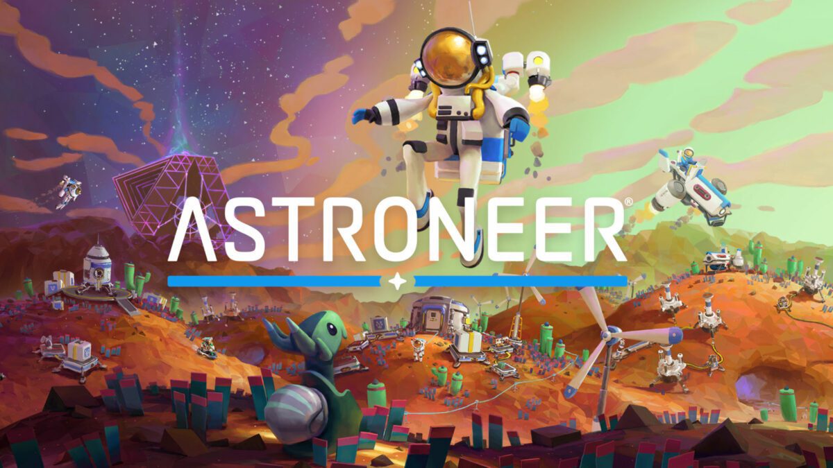 Melhores jogos espaciais: Astroneer.  A imagem mostra um astronauta voando sobre uma paisagem repleta de criaturas estranhas, assim como o logotipo do jogo.