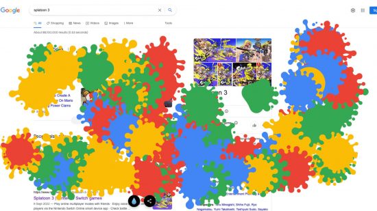 Uma captura de tela do ovo de Páscoa do Google Splatoon 3, mostrando o mecanismo de pesquisa do Google coberto de manchas de tinta verde, amarela, vermelha e azul.