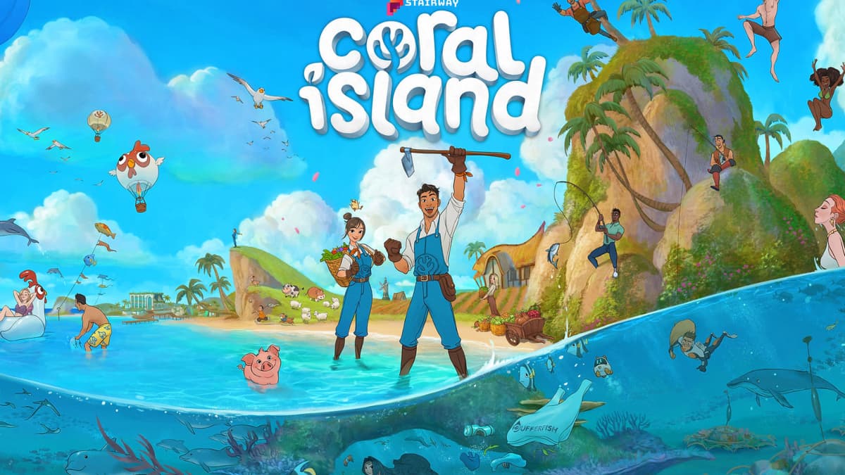 Dois personagens do jogo torcendo na orla da praia em Coral Island