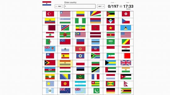 Sporcle flags of the world: Uma captura de tela do Sporcle mostra o questionário de geografia conhecido como Flags of the World