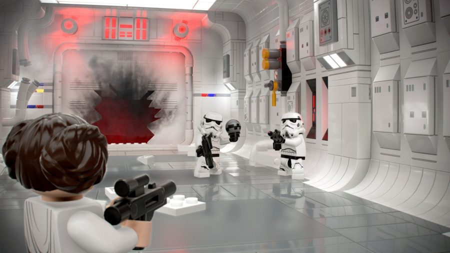 Princesa Leia atirando em um stormtrooper em Lego Star Wars: The Skywalker Saga, um personagem em uma grande lista que você pode desbloquear com nossos códigos LEGO Star Wars: The Skywalker Saga.