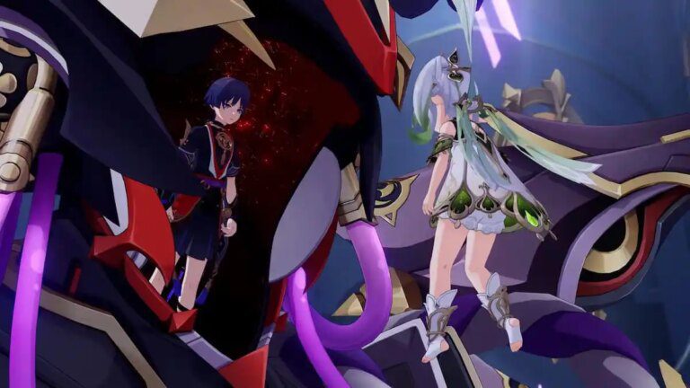 Scaramouche holding Buer in a fight scene.