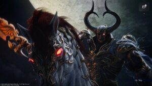 an armored figure in a mask with antlers sitting on the back of a white horse with glowing red eyes. The figure holds a spear, the tip of which is glowing red. behind them is a large, full moon.