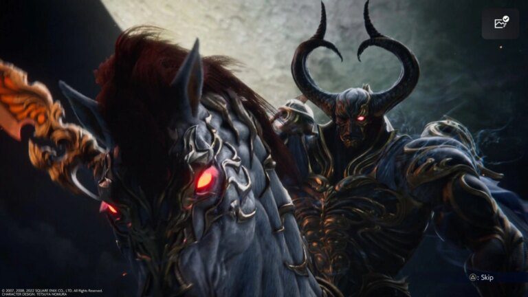 an armored figure in a mask with antlers sitting on the back of a white horse with glowing red eyes. The figure holds a spear, the tip of which is glowing red. behind them is a large, full moon.