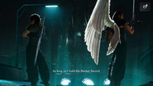 zack fair in all black with a sword on his back facing away from Angeal, a muscular man in a similar outfit with one, outstretched white wing. Angeal holds a sword up to his face. Text at the bottom reads