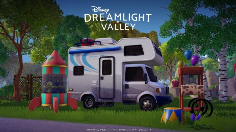 A van near balloons and a cart with cupcake parked at the side of a road in Disney Dreamlight Valley