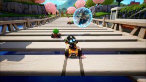 Racers crossing a bridge
