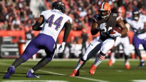 Madden 23 screenshot of nick chubb running past ravens defender