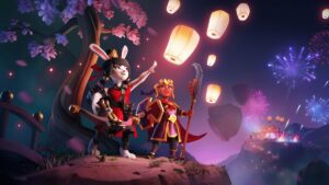 A girl and a rabbit person watch fireworks in the distance