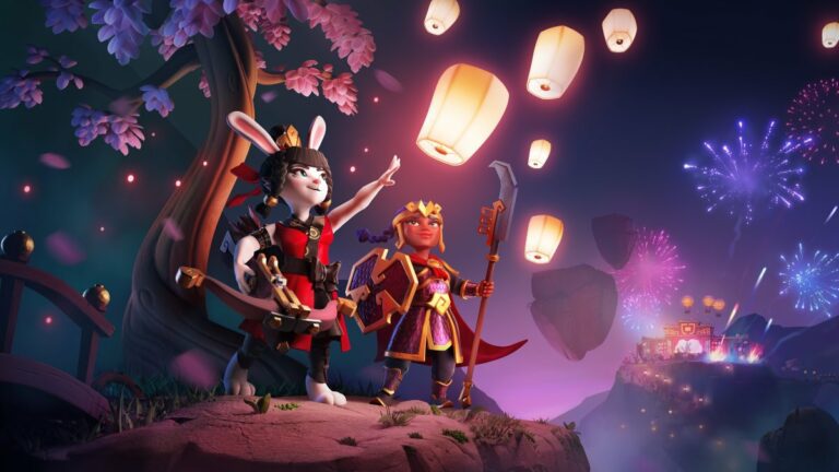 A girl and a rabbit person watch fireworks in the distance