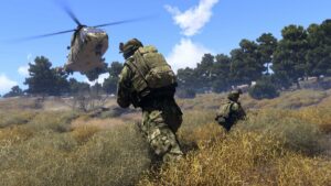 A helicopter landing and two soldier running from it.