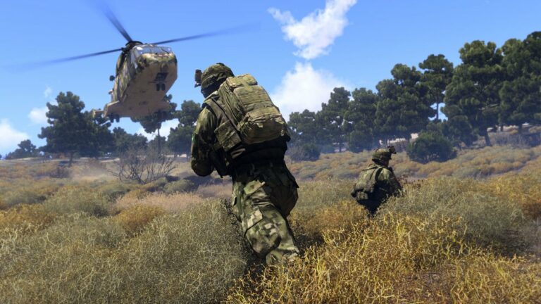 A helicopter landing and two soldier running from it.