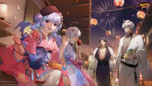 Various characters in the forefront with fireworks in the sky above them