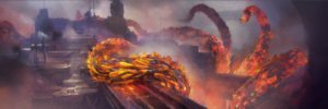 A roiling mass of orange crystalline tentacles devastates a large city