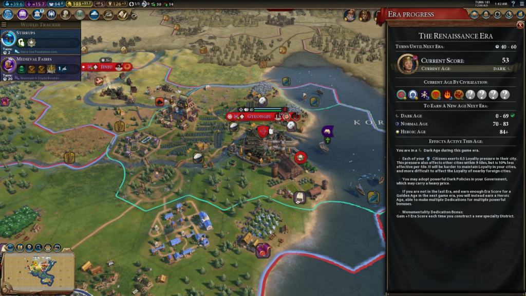 Uma captura de tela de Civilization VI mostrando a Era do Renascimento Coreano em uma Idade das Trevas
