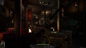 A person wielding a bow and arrow in a dimly lit tavern
