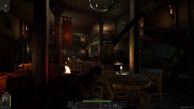 A person wielding a bow and arrow in a dimly lit tavern