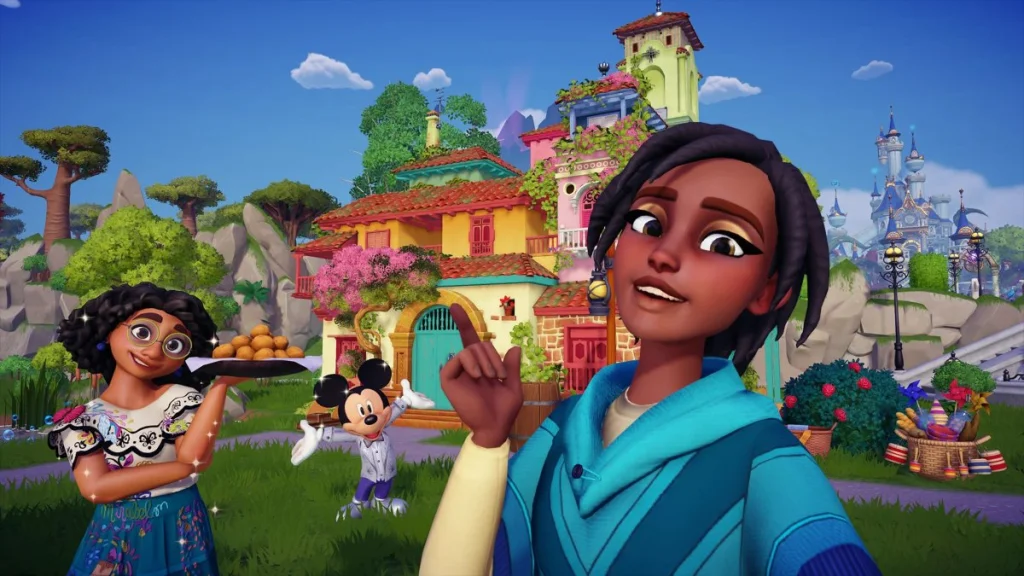 Um personagem, Mickey e Mirabel em frente à Casita