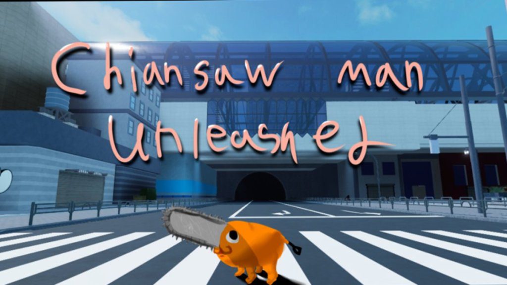 Chainsaw Man Unleashed Banner com gato nele com motosserra em sua cabeça
