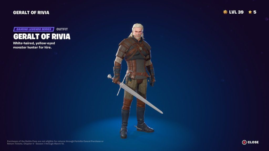 Tela de visualização do Fortnite Geralt